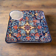 Premium Ceramic Snack Plate with Dip Bowl – 24 x 24 cm Square Serving Dish
