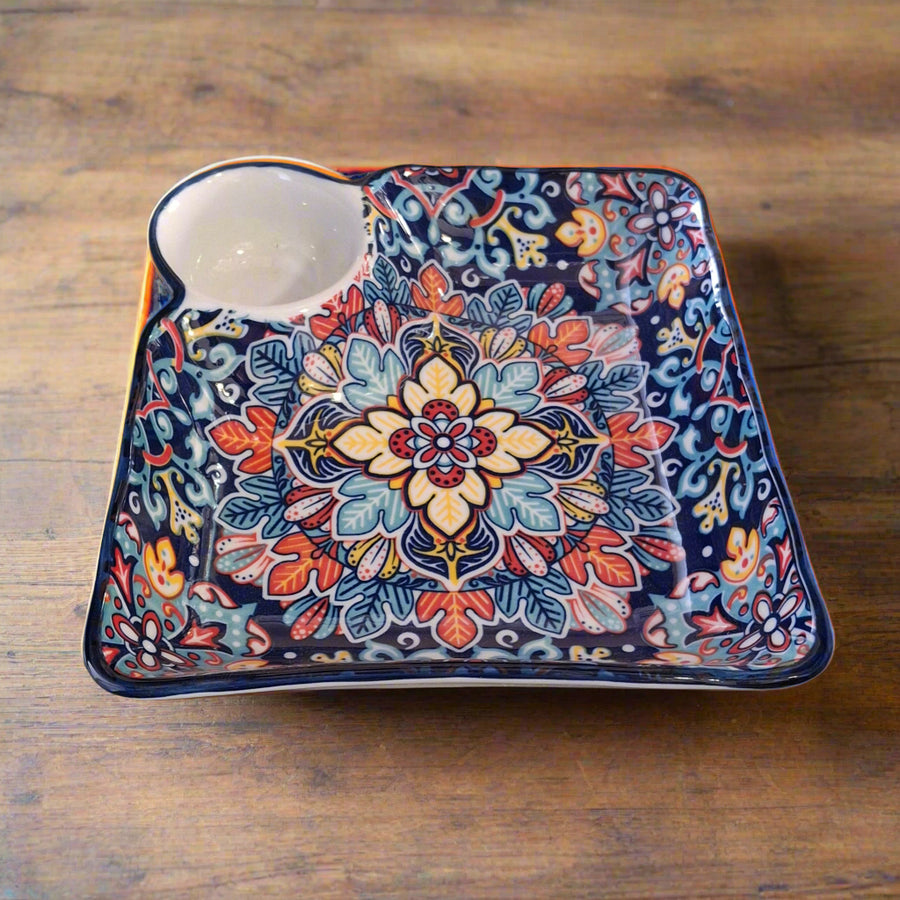Premium Ceramic Snack Plate with Dip Bowl – 24 x 24 cm Square Serving Dish
