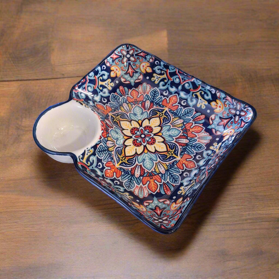 Premium Ceramic Snack Plate with Dip Bowl – 24 x 24 cm Square Serving Dish