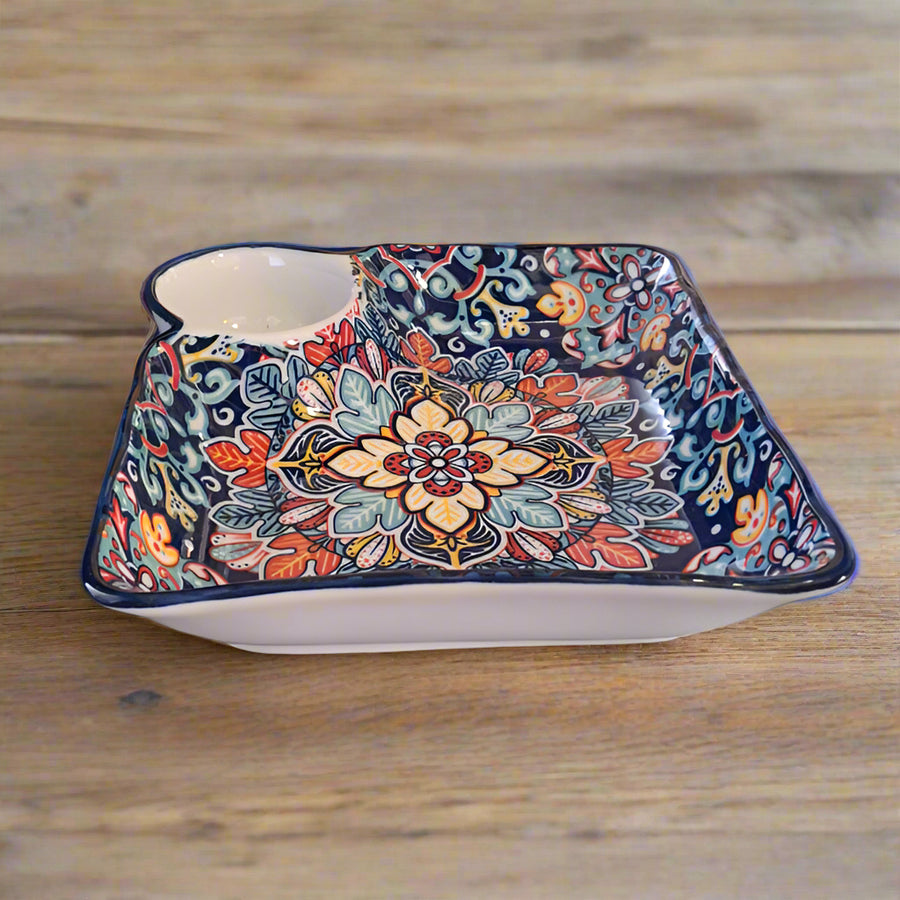 Premium Ceramic Snack Plate with Dip Bowl – 24 x 24 cm Square Serving Dish