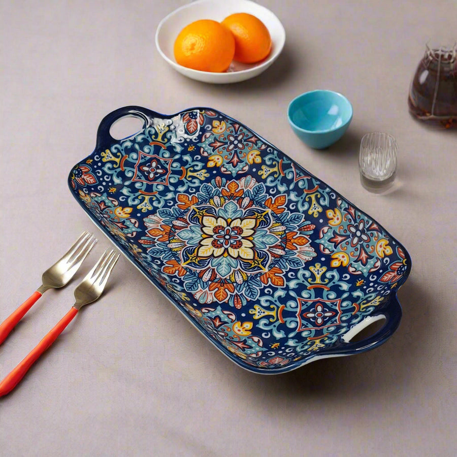 Handcrafted Blue Floral Ceramic Serving Tray – 30 x 17 x 5 cm