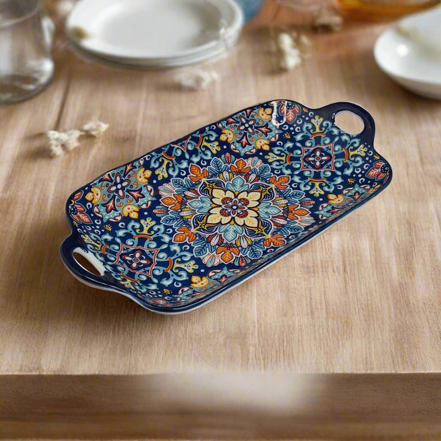 Handcrafted Blue Floral Ceramic Serving Tray – 30 x 17 x 5 cm
