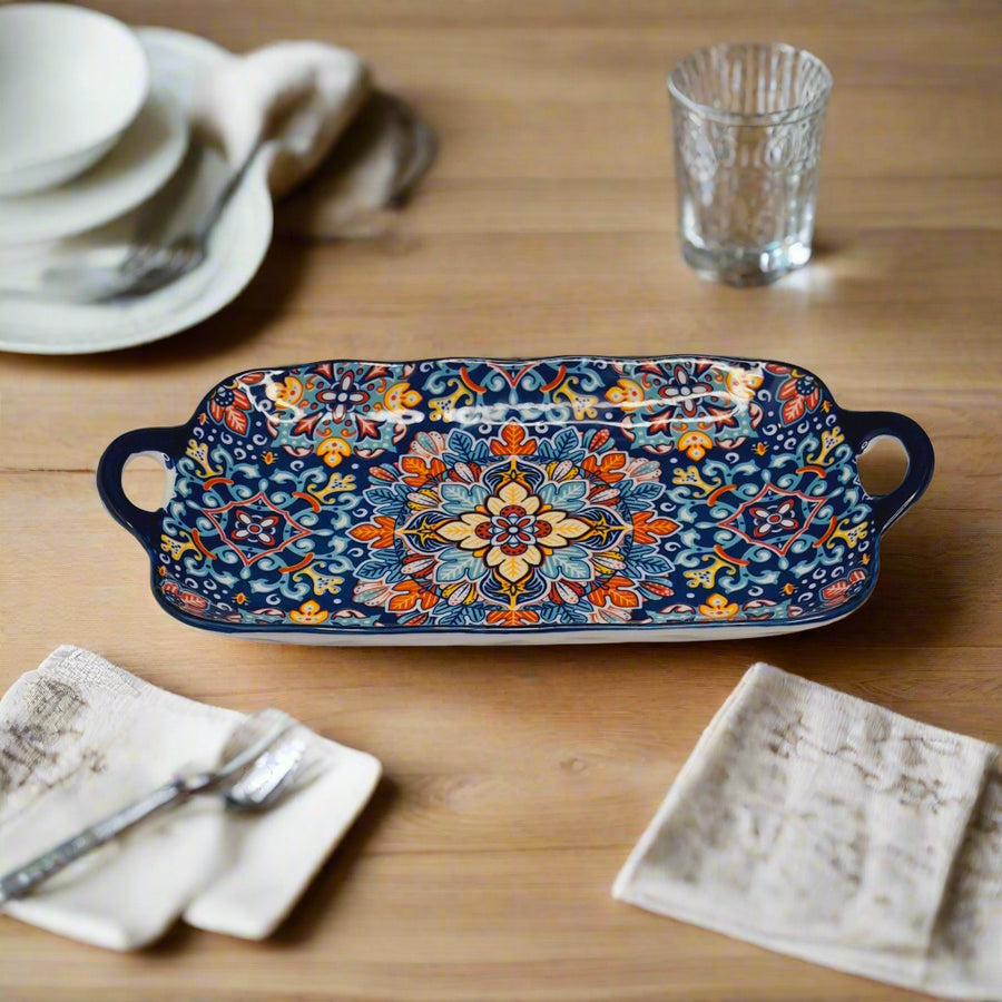 Handcrafted Blue Floral Ceramic Serving Tray – 30 x 17 x 5 cm