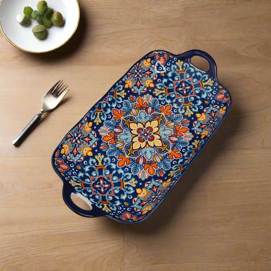 Handcrafted Blue Floral Ceramic Serving Tray – 30 x 17 x 5 cm