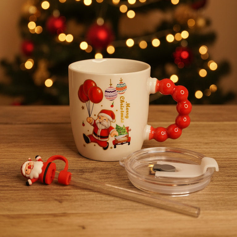 🎅 Festive “Merry Christmas” Santa Mug with Straw & Lid Set
