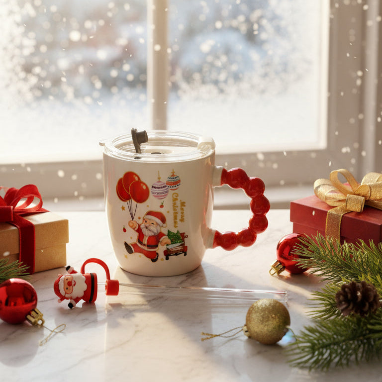 🎅 Festive “Merry Christmas” Santa Mug with Straw & Lid Set
