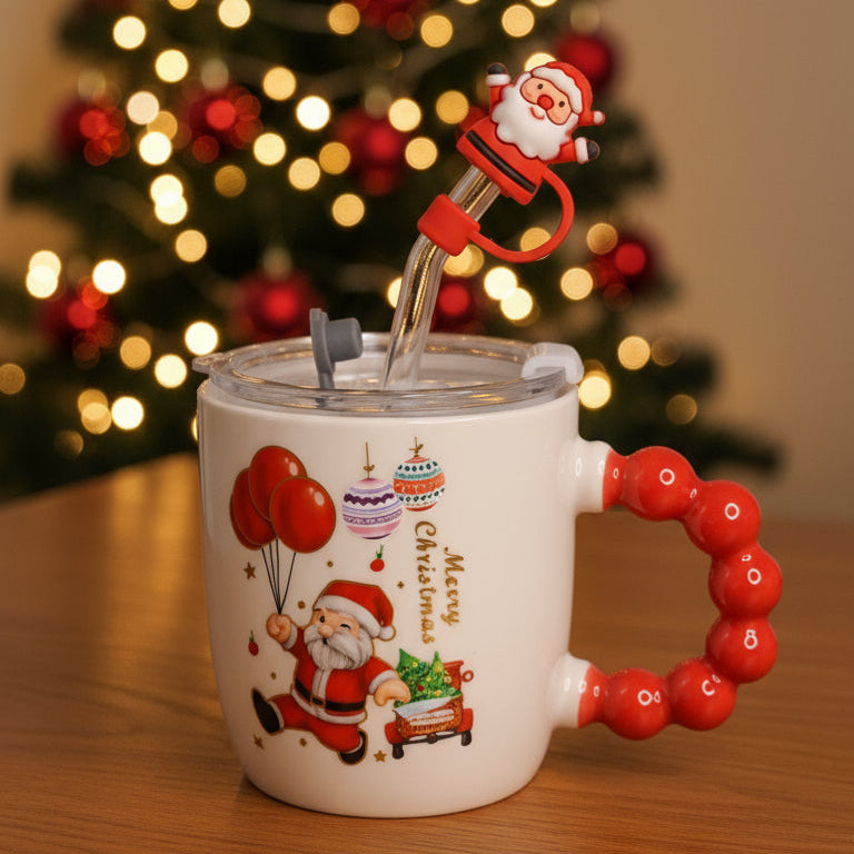 🎅 Festive “Merry Christmas” Santa Mug with Straw & Lid Set