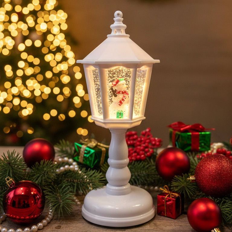 Coral Tree Christmas Lantern Light Santa & Snowman Design | Warm LED Glow with Snow Glitter Effect | 23 cm Height