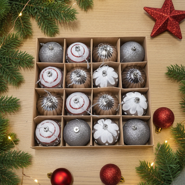 Coral Tree Silver & Red Christmas Tree Bauble Ornament Set – Pack of 16