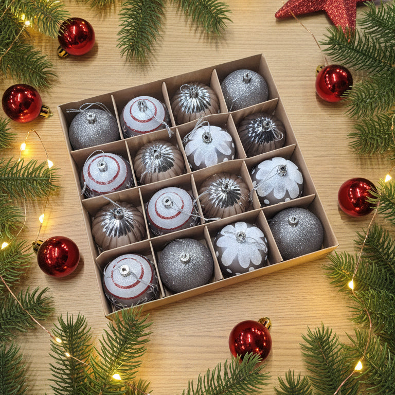 Coral Tree Silver & Red Christmas Tree Bauble Ornament Set – Pack of 16