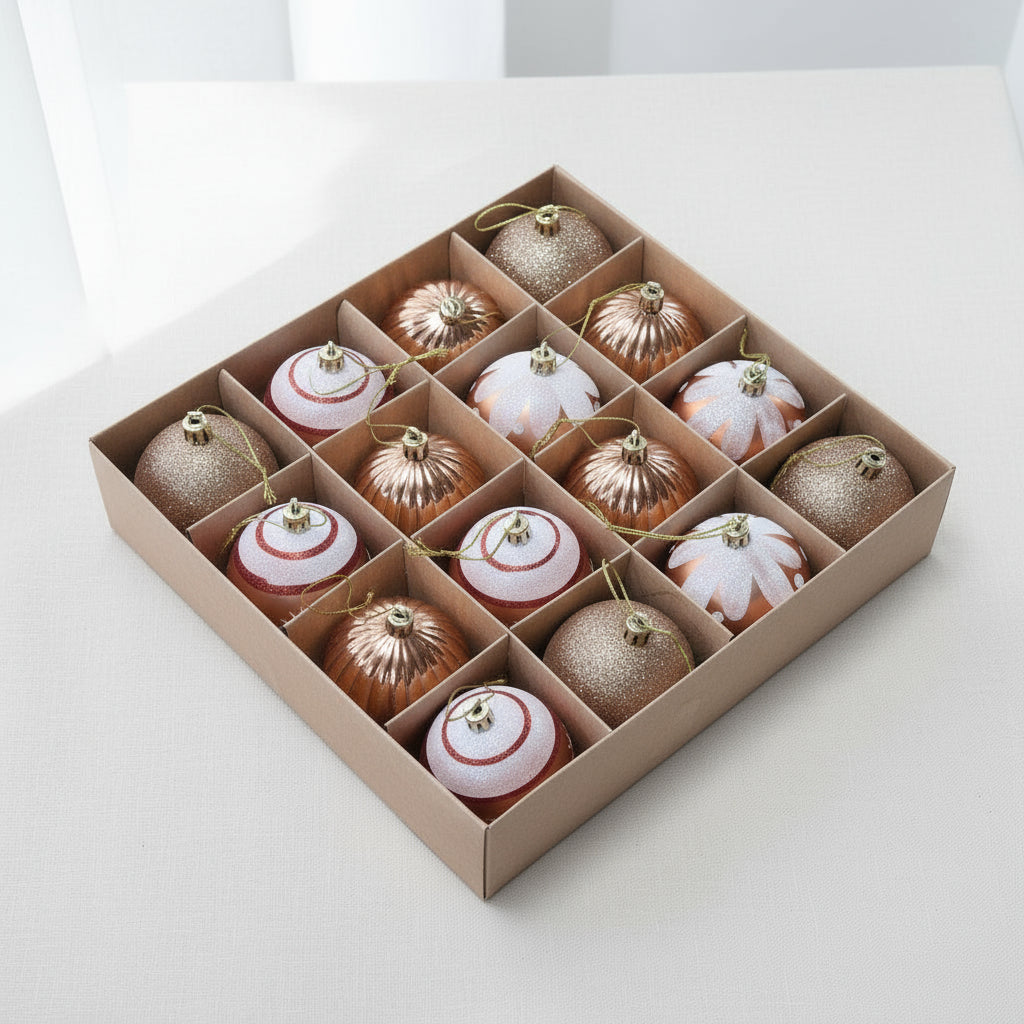 Coral Tree Christmas Ball Set – 16 Copper, Gold & White Ornaments