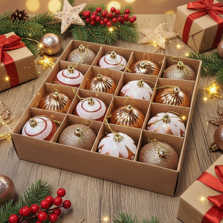 Coral Tree Christmas Ball Set – 16 Copper, Gold & White Ornaments