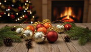 Decorative Christmas ornaments on a wooden table with a fireplace and tree in the background