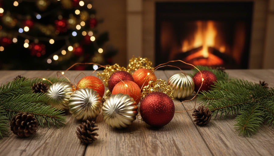 Decorative Christmas ornaments on a wooden table with a fireplace and tree in the background