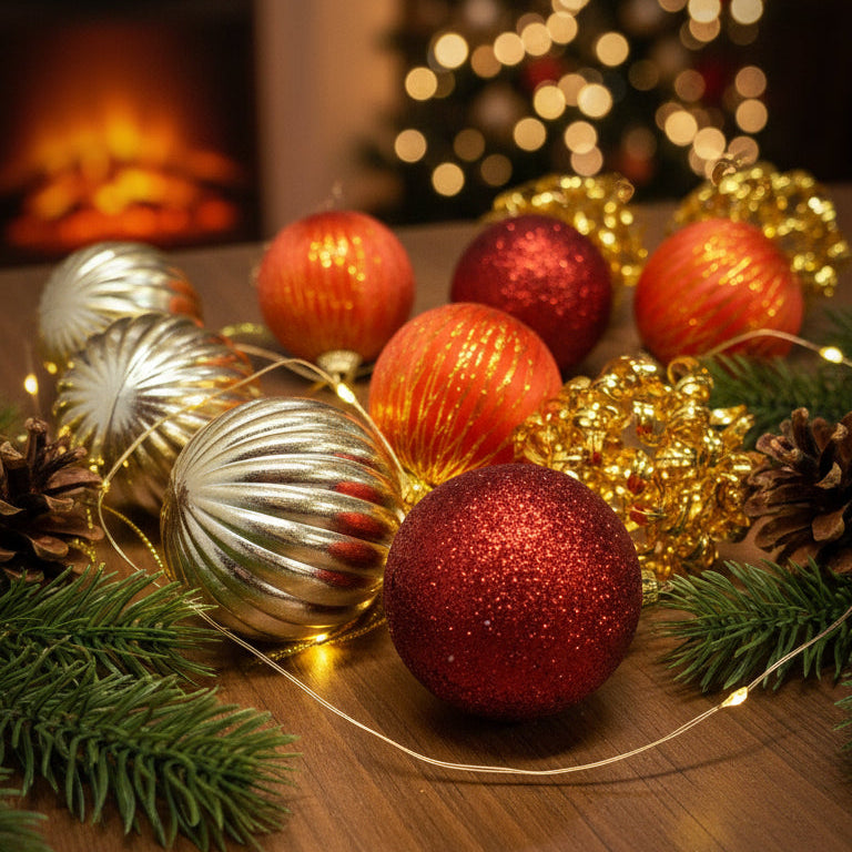 Decorative Christmas ornaments with lights on a wooden surface, blurred festive background.