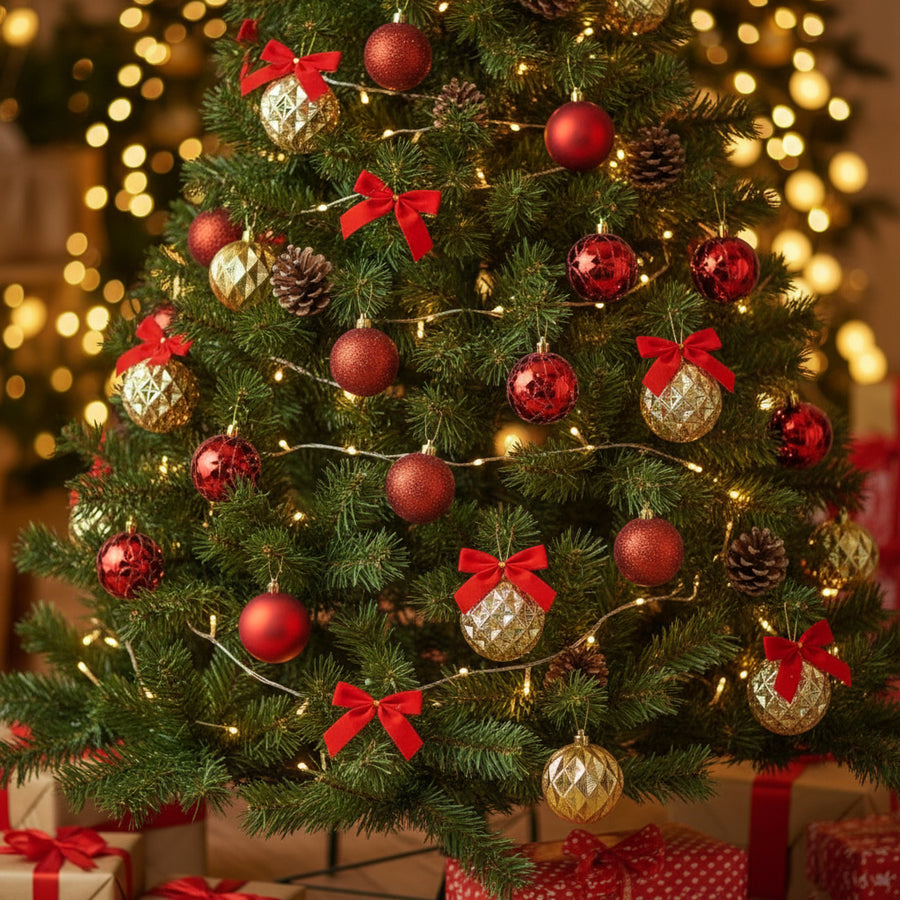 Coral Tree 12-Piece Hanging Christmas Ornament Set – 4 Style Mix of Red, Gold & Pinecones