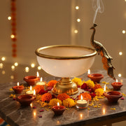 Coral Tree Golden Peacock Metal & Glass Urli Bowl – Festive Diwali Décor