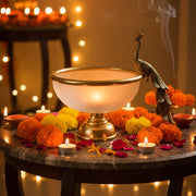 Coral Tree Golden Peacock Metal & Glass Urli Bowl – Festive Diwali Décor