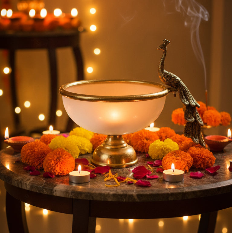 Coral Tree Golden Peacock Metal & Glass Urli Bowl – Festive Diwali Décor