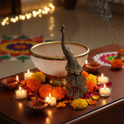 Coral Tree Golden Peacock Metal & Glass Urli Bowl – Festive Diwali Décor