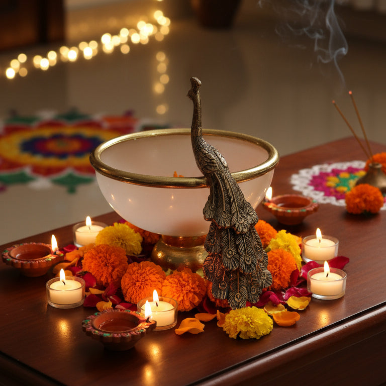 Coral Tree Golden Peacock Metal & Glass Urli Bowl – Festive Diwali Décor