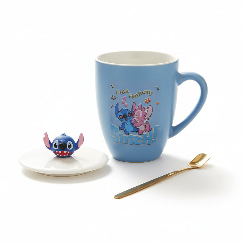 Coral Tree Stitch Ceramic Mug with Lid & Spoon – Cute Cartoon Coffee Cup