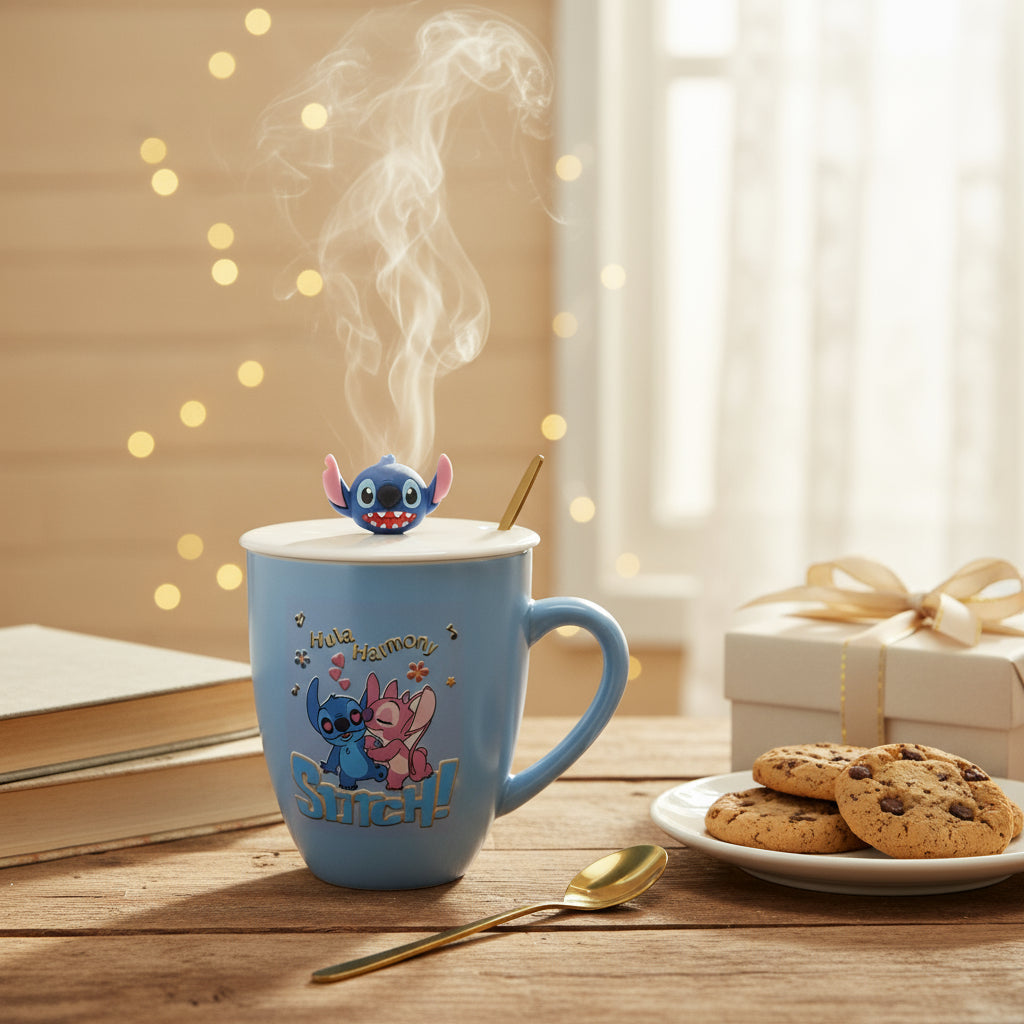 Coral Tree Stitch Ceramic Mug with Lid & Spoon – Cute Cartoon Coffee Cup