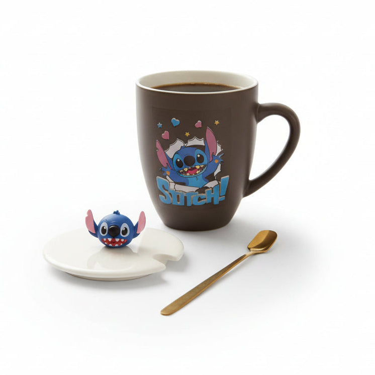 Coral Tree Stitch Ceramic Mug with Lid & Spoon – Cute Cartoon Coffee Cup