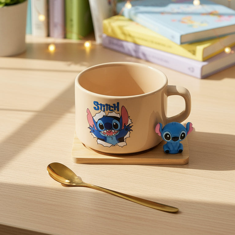 Coral Tree Cute Stitch Ceramic Mug with Wooden Tray & Gold Spoon – 1 Pc Gift Set