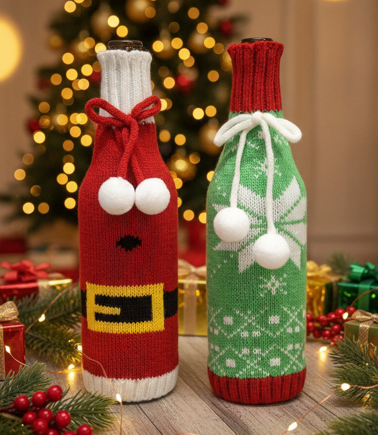 Coral Tree Woolen Christmas Wine Covers – Santa, Snowflake & Reindeer Design