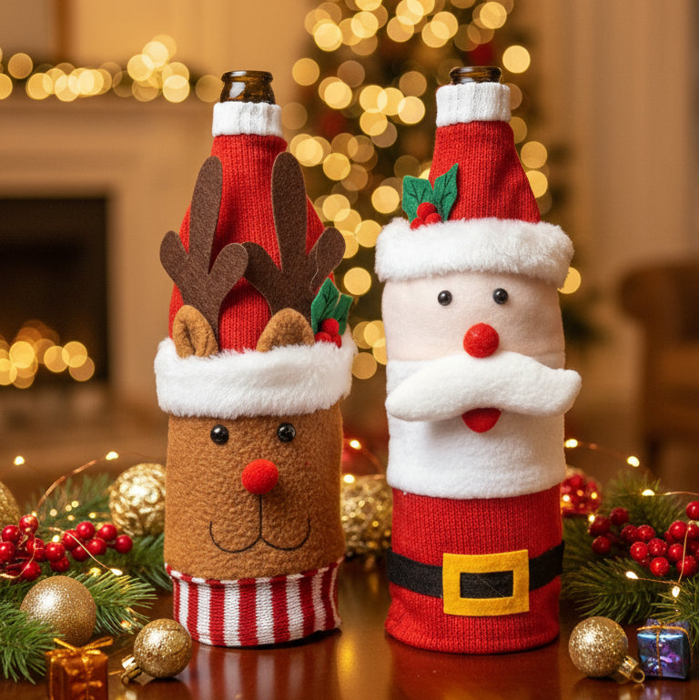 Coral Tree Christmas Wine Bottle Covers – Santa, Snowman & Reindeer Knitted Gift Wraps