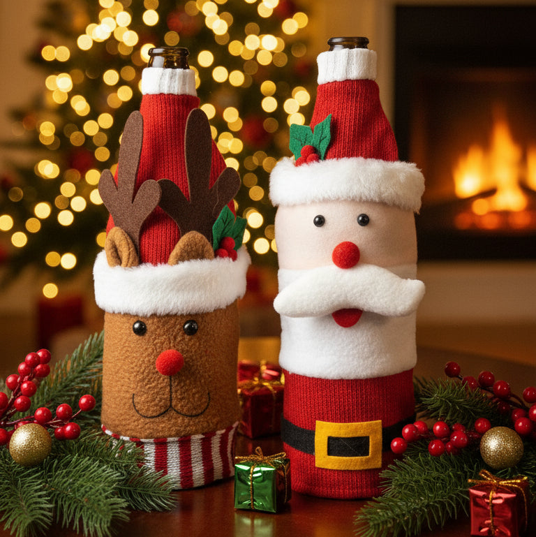 Coral Tree Christmas Wine Bottle Covers – Santa, Snowman & Reindeer Knitted Gift Wraps