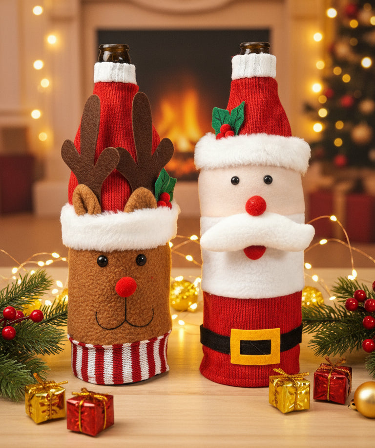 Coral Tree Christmas Wine Bottle Covers – Santa, Snowman & Reindeer Knitted Gift Wraps