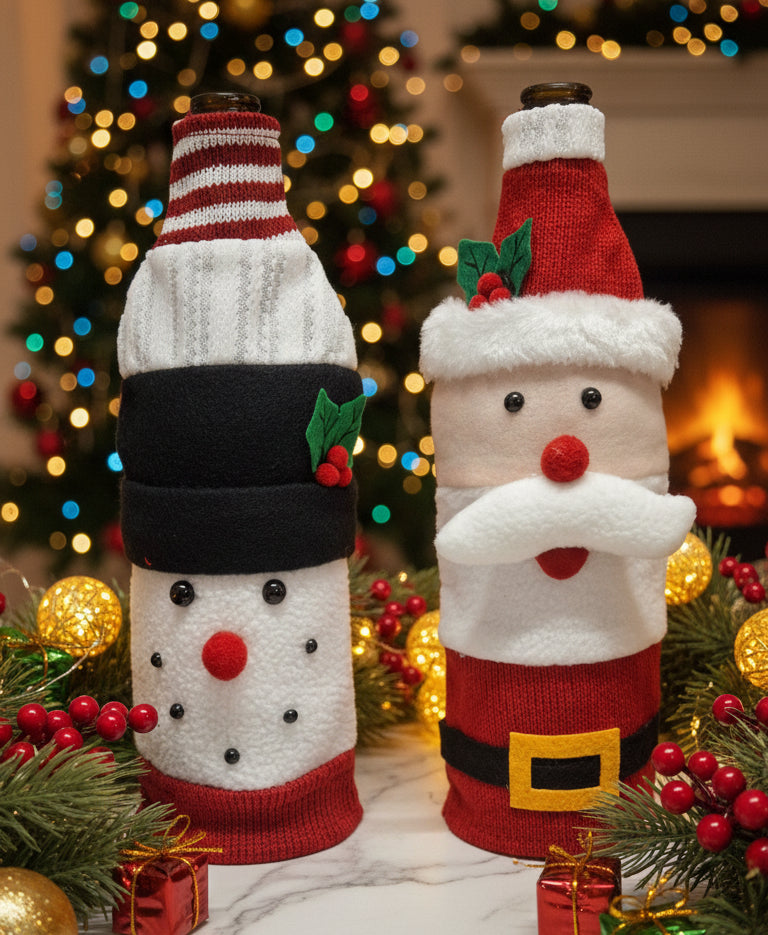 Coral Tree Christmas Wine Bottle Covers – Santa, Snowman & Reindeer Knitted Gift Wraps