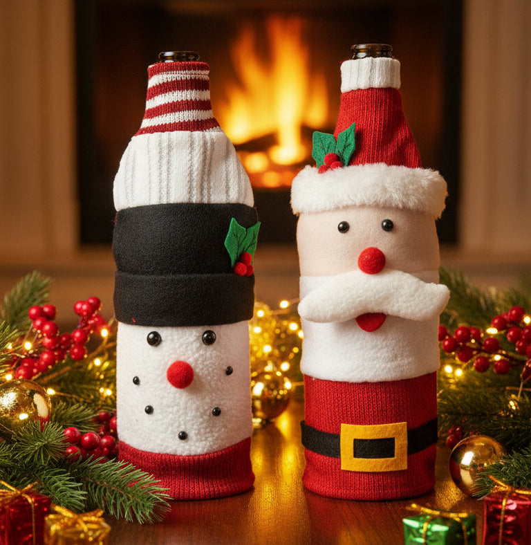 Coral Tree Christmas Wine Bottle Covers – Santa, Snowman & Reindeer Knitted Gift Wraps
