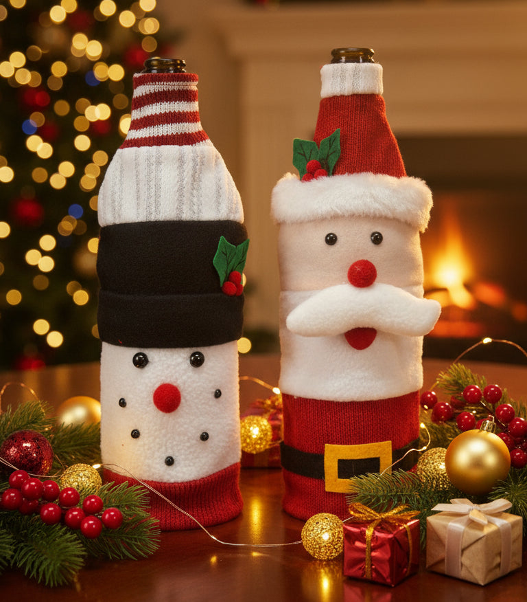 Coral Tree Christmas Wine Bottle Covers – Santa, Snowman & Reindeer Knitted Gift Wraps
