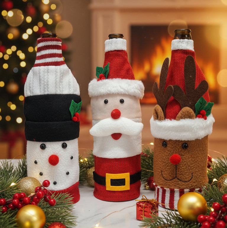 Coral Tree Christmas Wine Bottle Covers – Santa, Snowman & Reindeer Knitted Gift Wraps