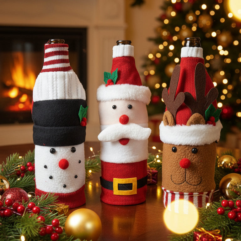Coral Tree Christmas Wine Bottle Covers – Santa, Snowman & Reindeer Knitted Gift Wraps