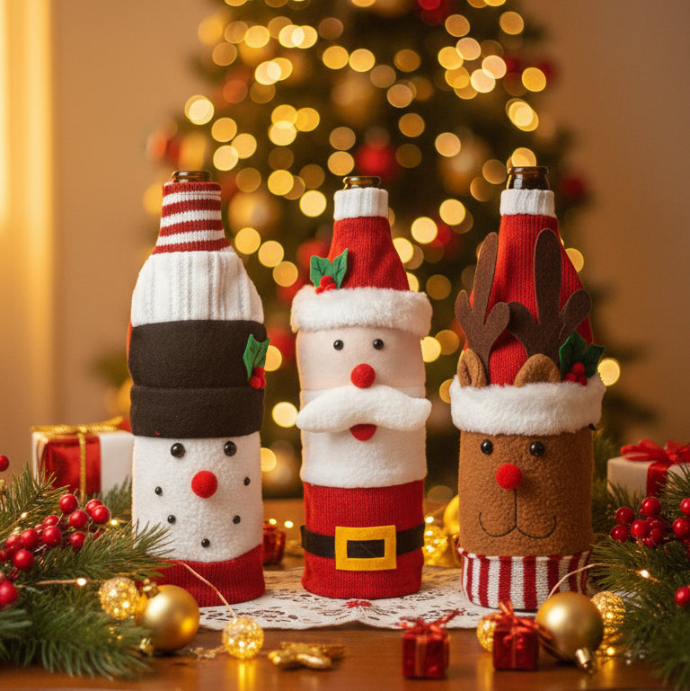 Coral Tree Christmas Wine Bottle Covers – Santa, Snowman & Reindeer Knitted Gift Wraps