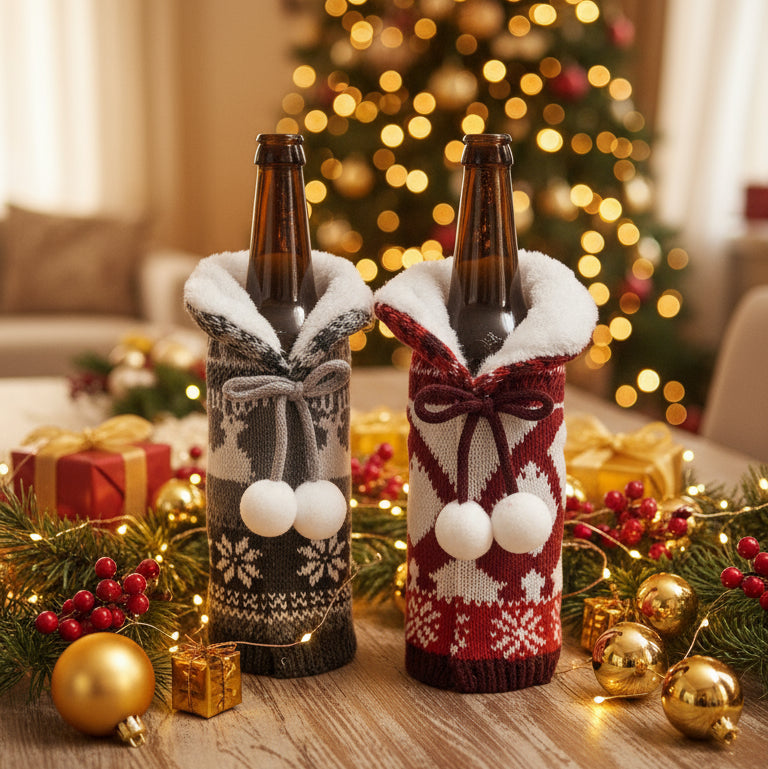 Coral Tree Woolen Christmas Wine Bottle Covers – Reindeer, Snowflake & Snowman