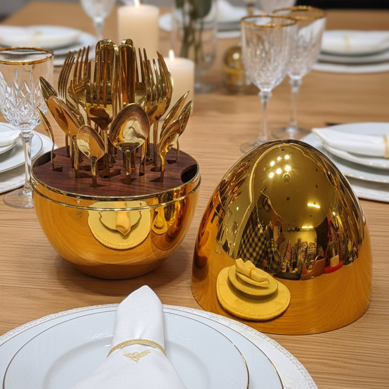 Coral Tree Golden Egg Cutlery Holder – 24-Piece Luxury Gold Flatware Set