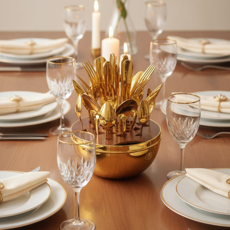 Coral Tree Golden Egg Cutlery Holder – 24-Piece Luxury Gold Flatware Set