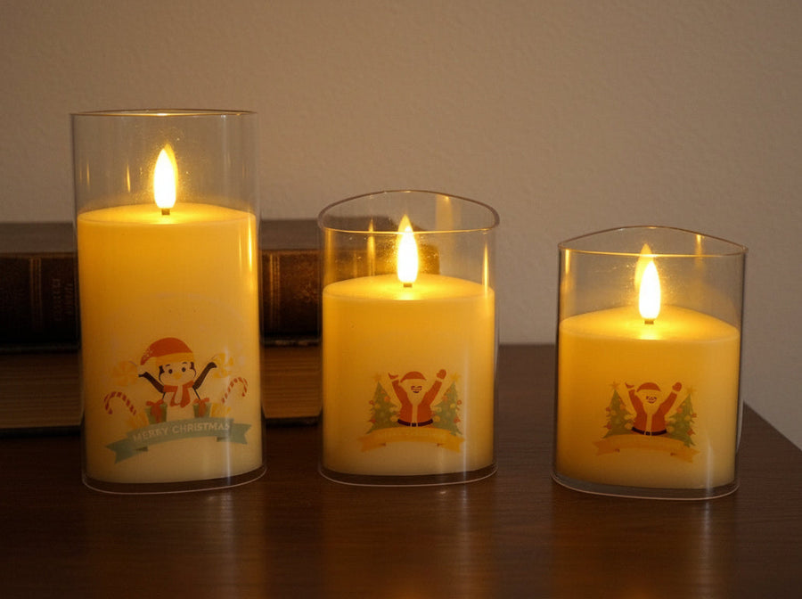 Coral Tree LED Flameless Christmas Candle Set – Santa & Snowman Print