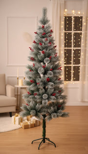 Artificial Christmas Tree with Snow-Frosted Branches & Red Berries – Indoor Festive Decoration