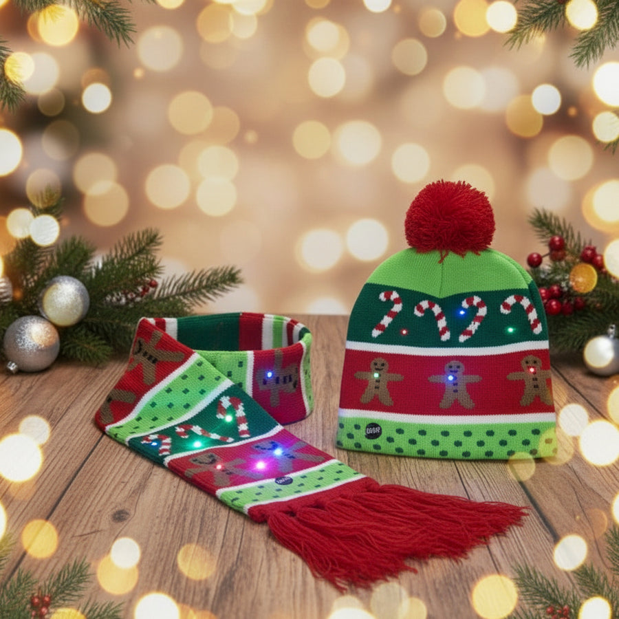 Christmas LED Knitted Cap & Muffler Set – Gingerbread & Candy Cane Design