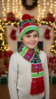 Christmas LED Knitted Cap & Muffler Set – Gingerbread & Candy Cane Design