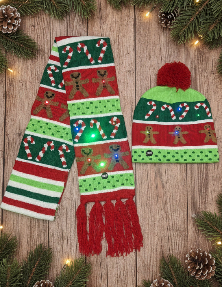 Christmas LED Knitted Cap & Muffler Set – Gingerbread & Candy Cane Design