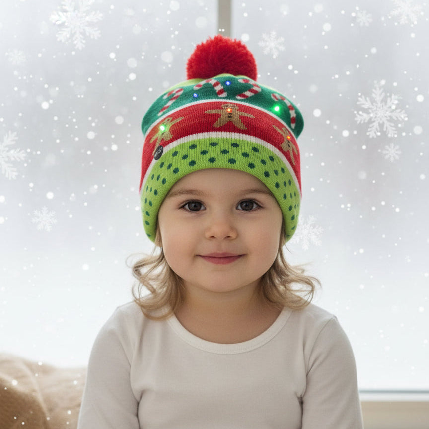 LED Christmas Woolen ginger breadman Cap with 4 Light Modes & 6 Built-in LEDs