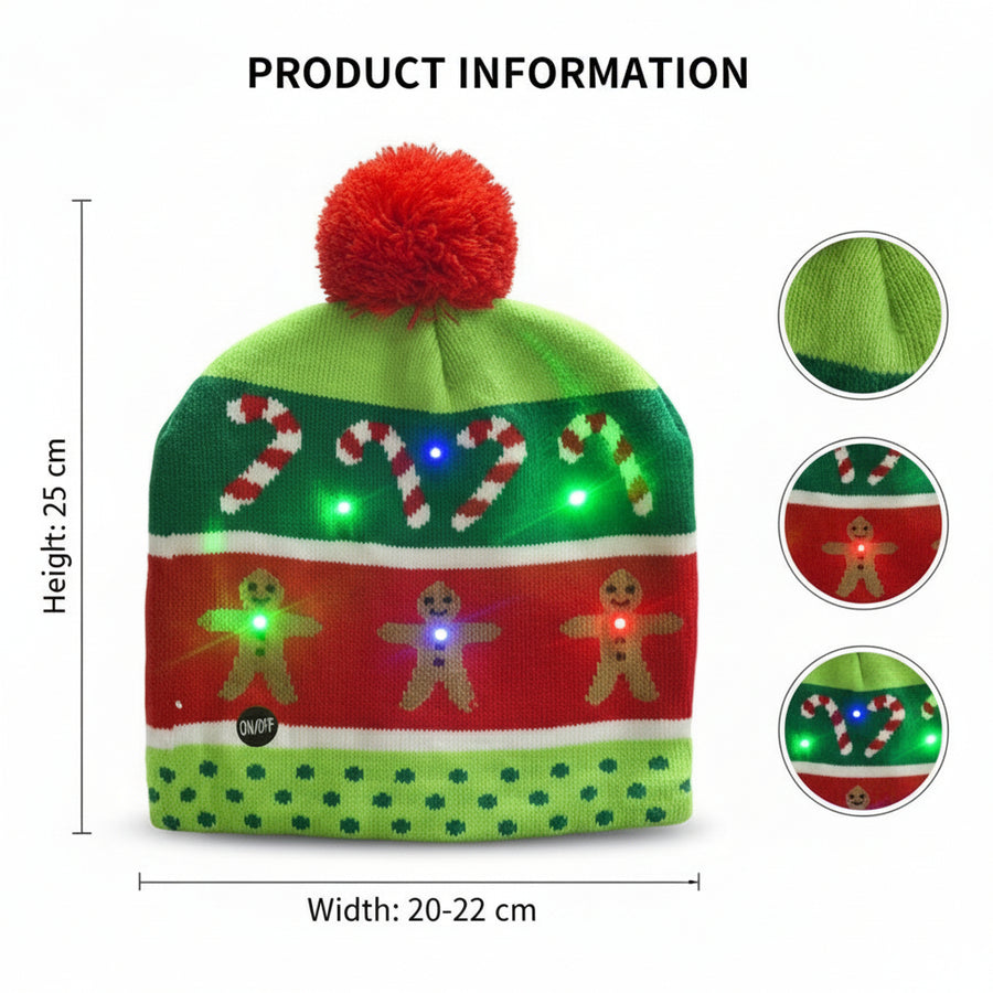 LED Christmas Woolen ginger breadman Cap with 4 Light Modes & 6 Built-in LEDs