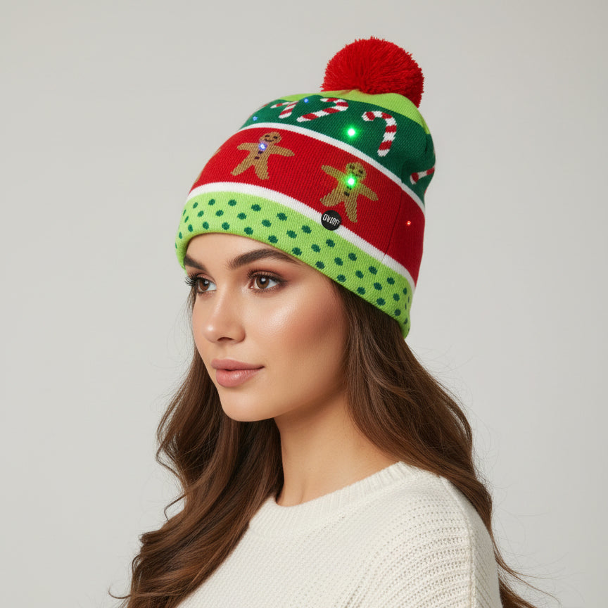 LED Christmas Woolen ginger breadman Cap with 4 Light Modes & 6 Built-in LEDs